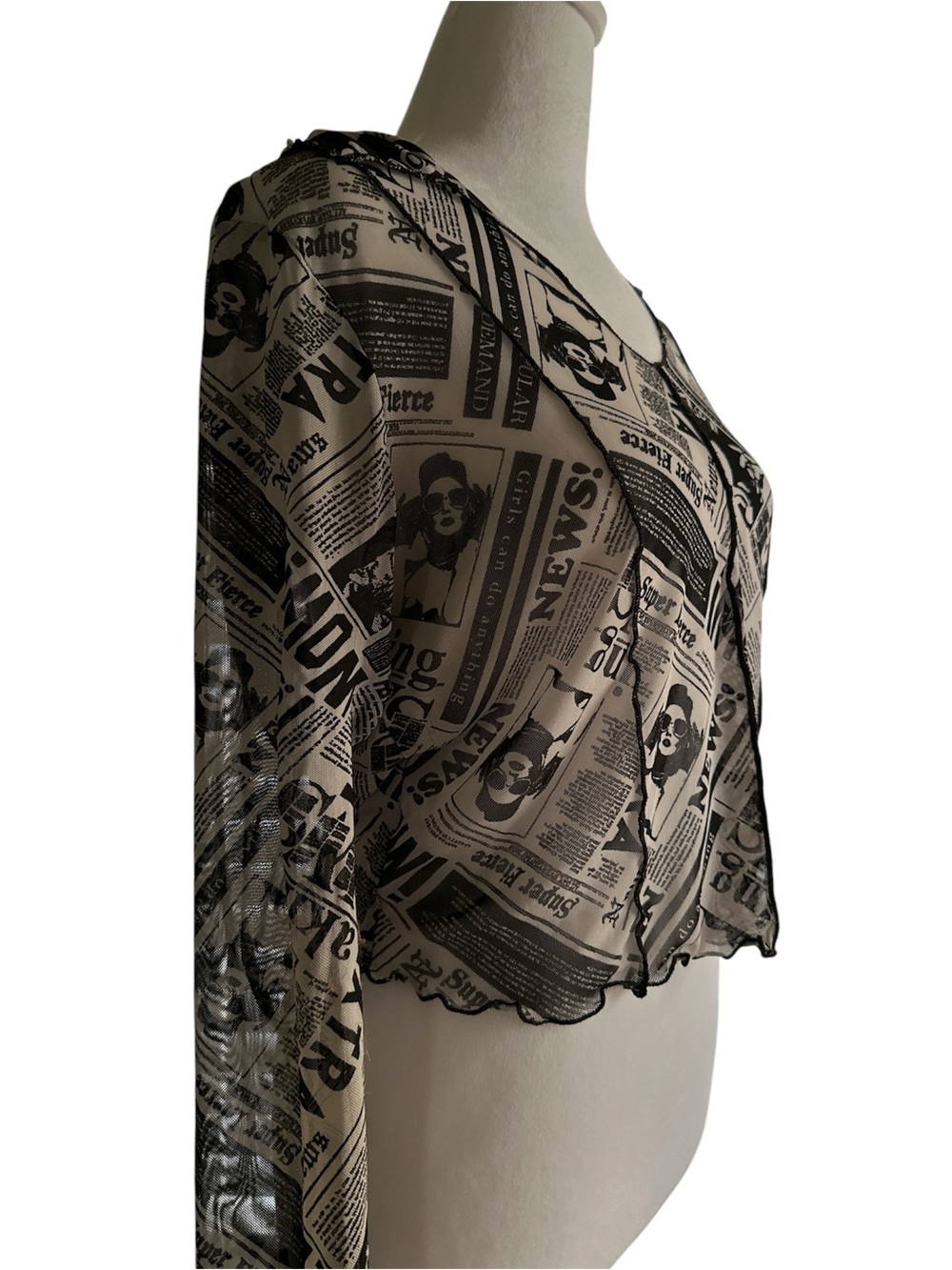 Self Esteem Mesh Newspaper-Print V-Neck Crop Top - Black on Beige